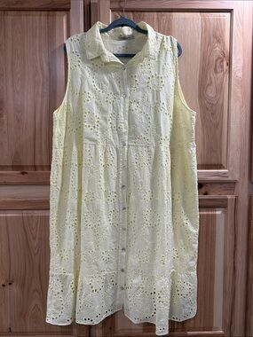 Valentina Naldi Pale Yellow Button Front Eyelet Sleeveless Midi Cotton Dress 2X